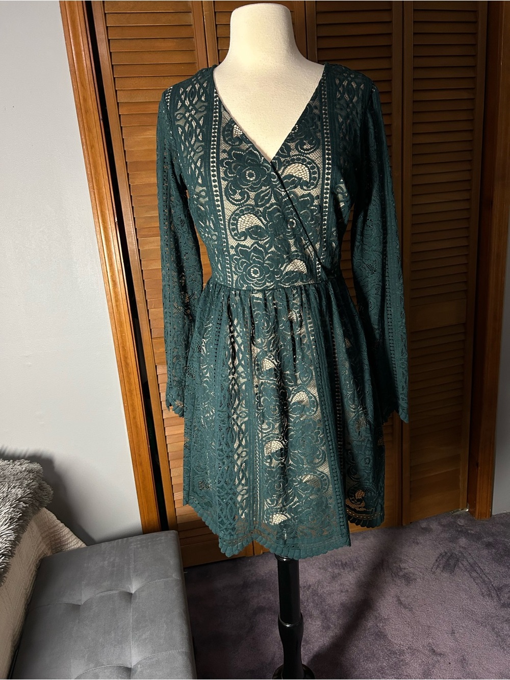 Xhilaration Dark Green Lace Long-Sleeve Fit & Flare Dress